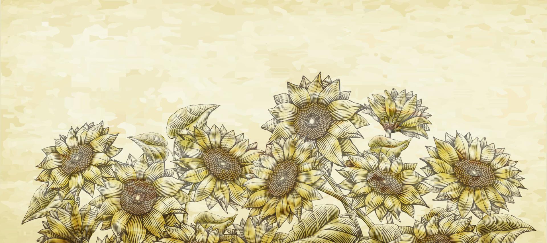 Retro woodcut style sunflowers garden in light yellow and beige vector