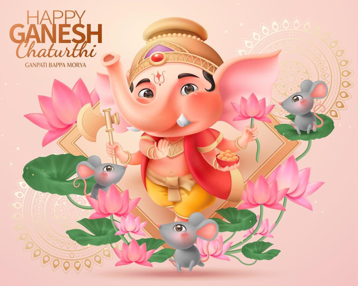 Happy Ganesh chaturthi design with lovely chubby Ganesha holding gulab, lotus and axe standing in the middle of lotus garden vector