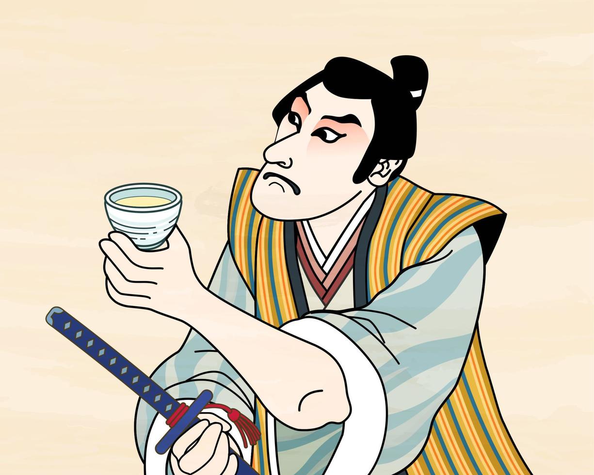 Ukiyo e style kabuki actor enjoying sake vector