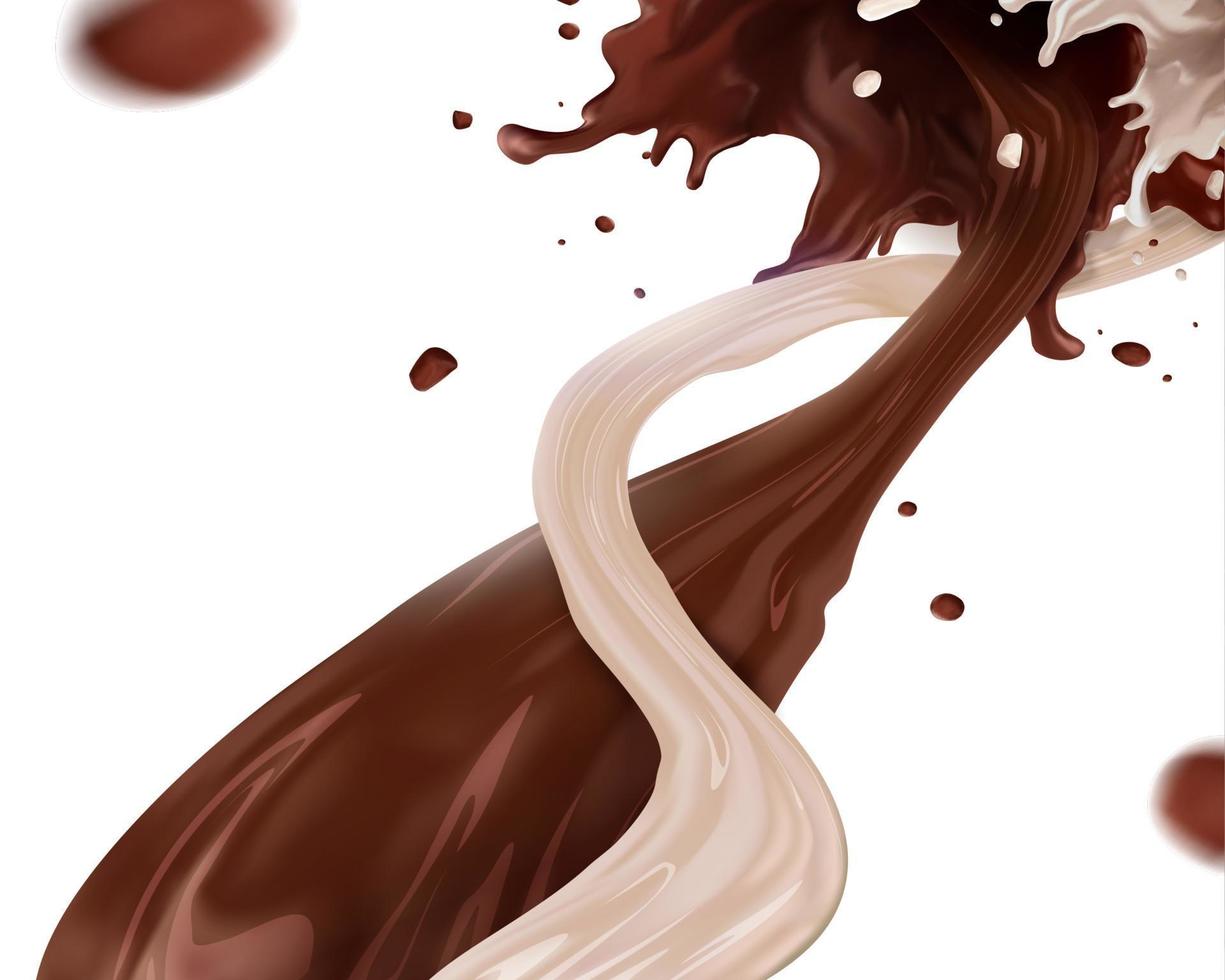 Salsa de salpicaduras de chocolate con leche en ilustración 3d sobre fondo blanco. vector