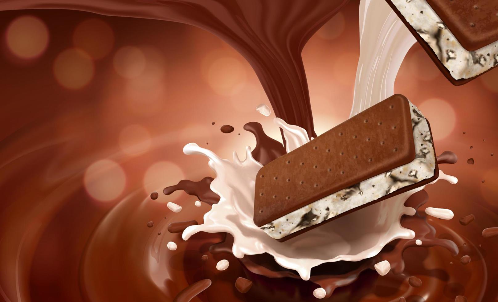 Ice cream sandwich cookie with pouring milk and chocolate on bokeh background in 3d illustration vector