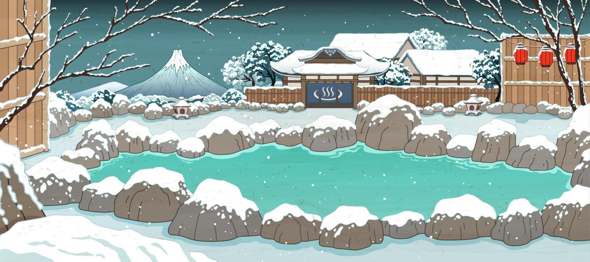 Japanese ukiyo-e style hot spring covered by snow vector