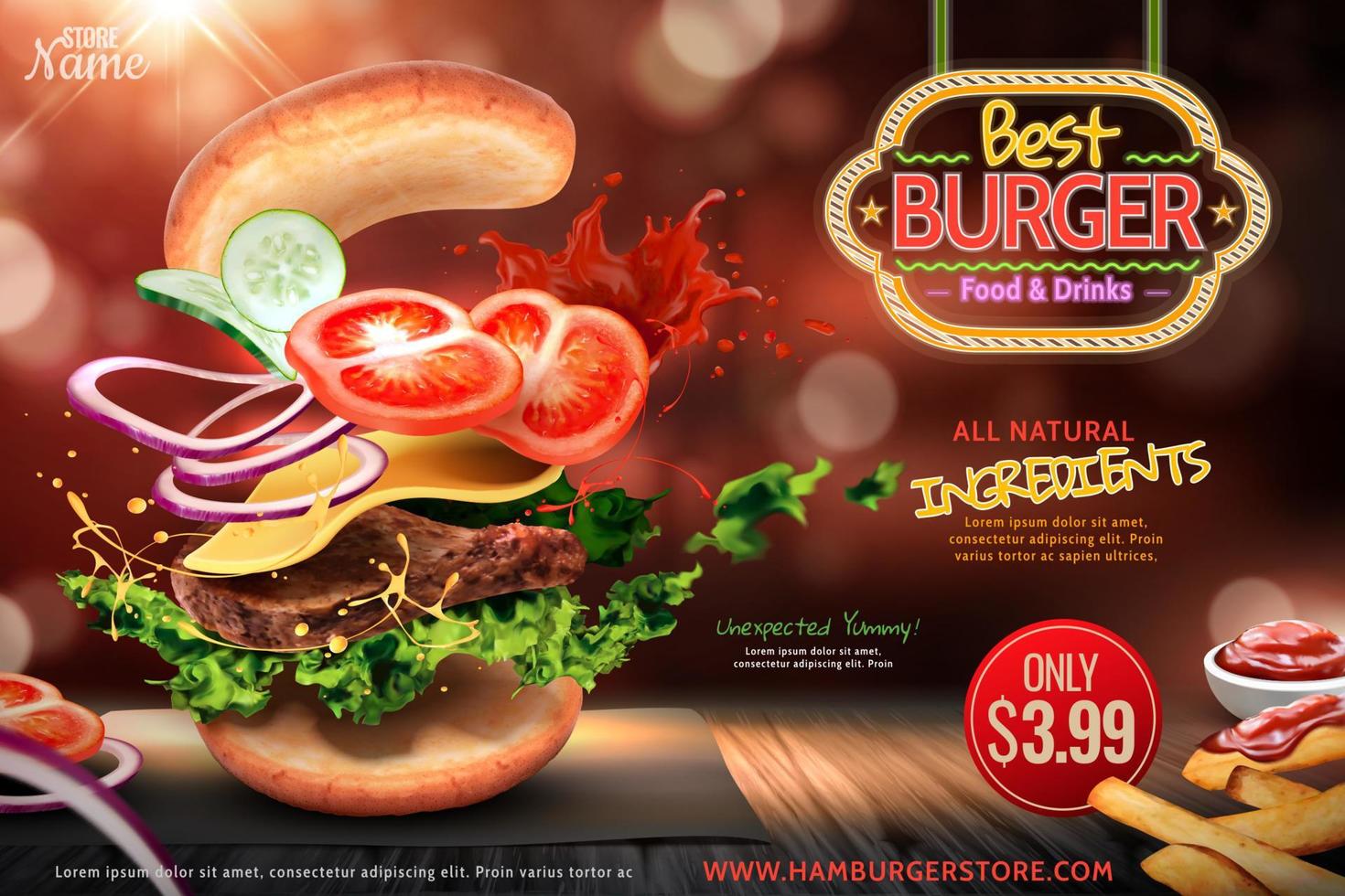 deliciosos anuncios de hamburguesas con ingredientes que vuelan en el aire sobre fondo de brillo bokeh en ilustración 3d vector