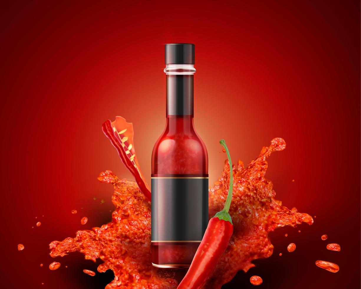 producto de salsa picante con etiqueta en blanco en ilustración 3d sobre fondo rojo vector