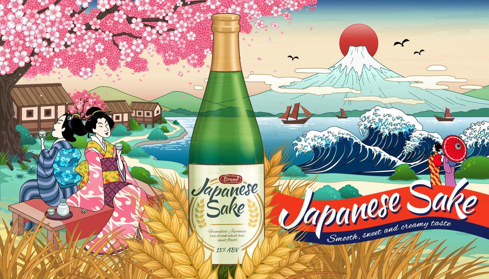 anuncios de sake japonés estilo e ukiyo con geishas bebiendo vino de arroz vector