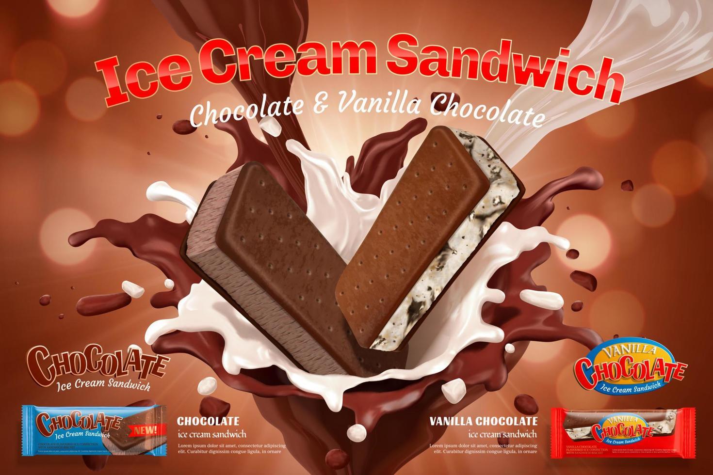 Vanilla chocolate ice cream ads with splashing sauce on glittering background in 3d illustration vector