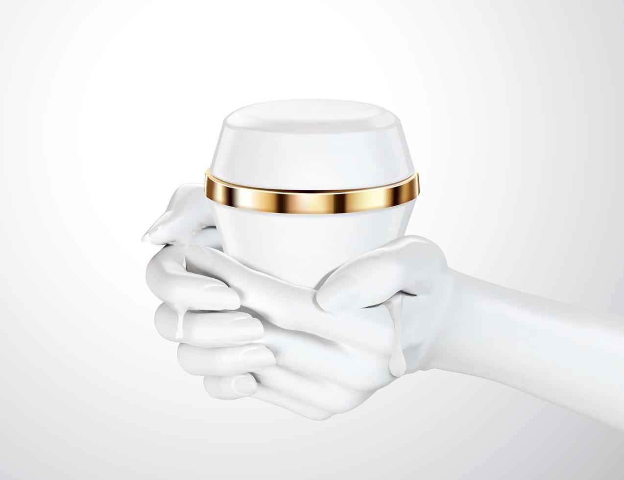 Hands holding white cream jar package isolated on background in 3d illustration vector