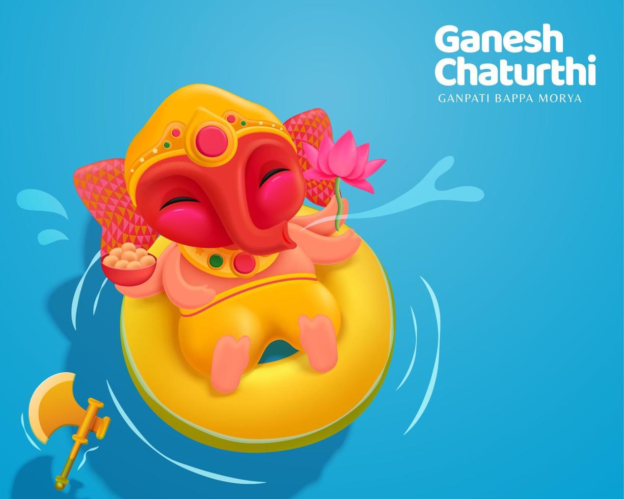feliz ganesh chaturthi con adorable bebé ganesha flotando sobre el agua, vista superior vector