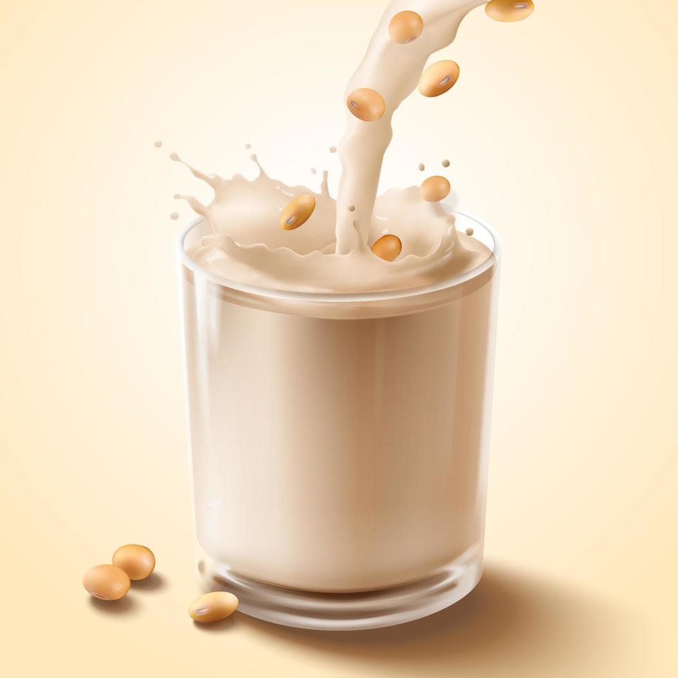 Soy milk pouring down into glass cup in 3d illustration vector