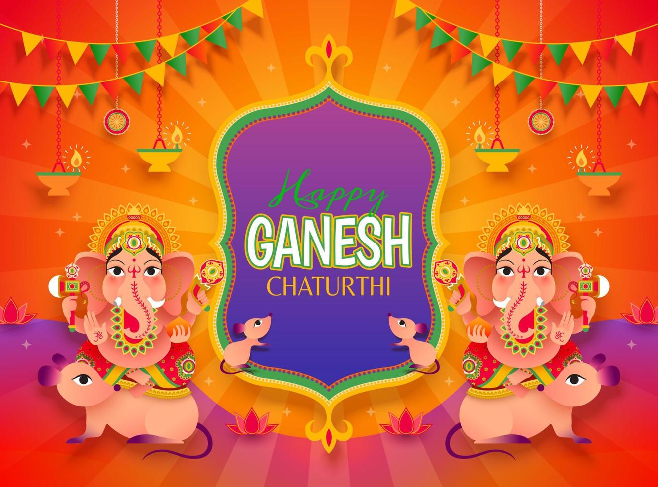 festival de ganesh chaturthi con el dios hindú ganesha cabalgando sobre mushika, fondo de rayas naranjas vector