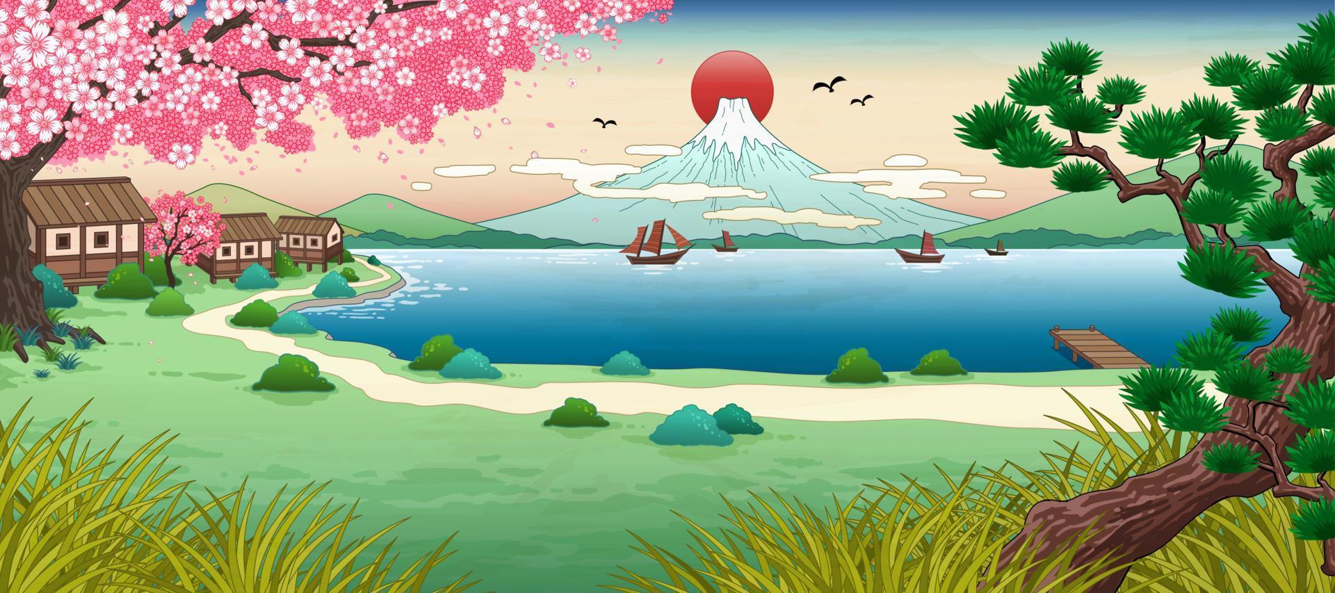 paisaje de montaña ukiyo e fuji con hermoso lago vector