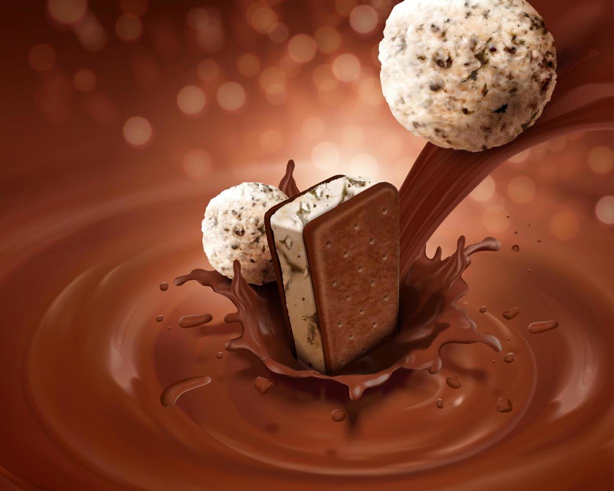 galleta sándwich de helado con salsa de chocolate vertida sobre fondo de brillo marrón en ilustración 3d vector