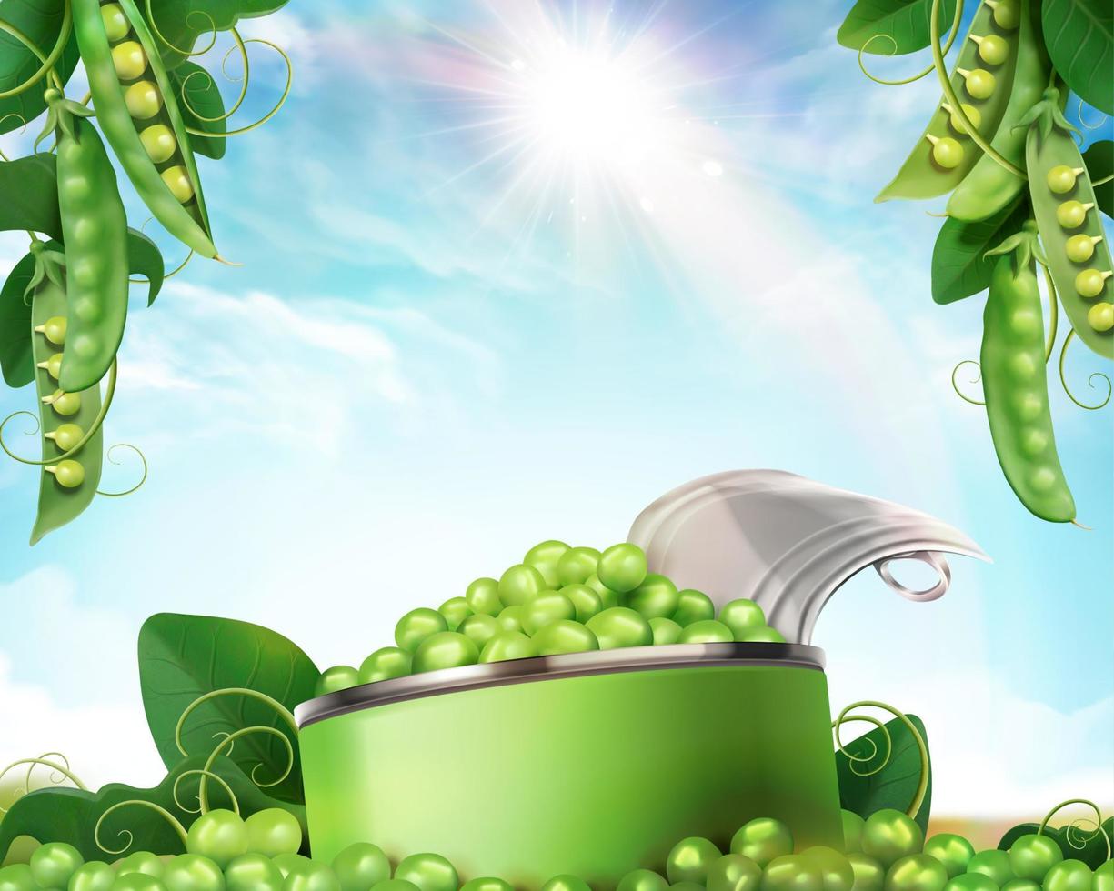 Canned young peas mockup with fresh plant in 3d illustration on blue sky background vector