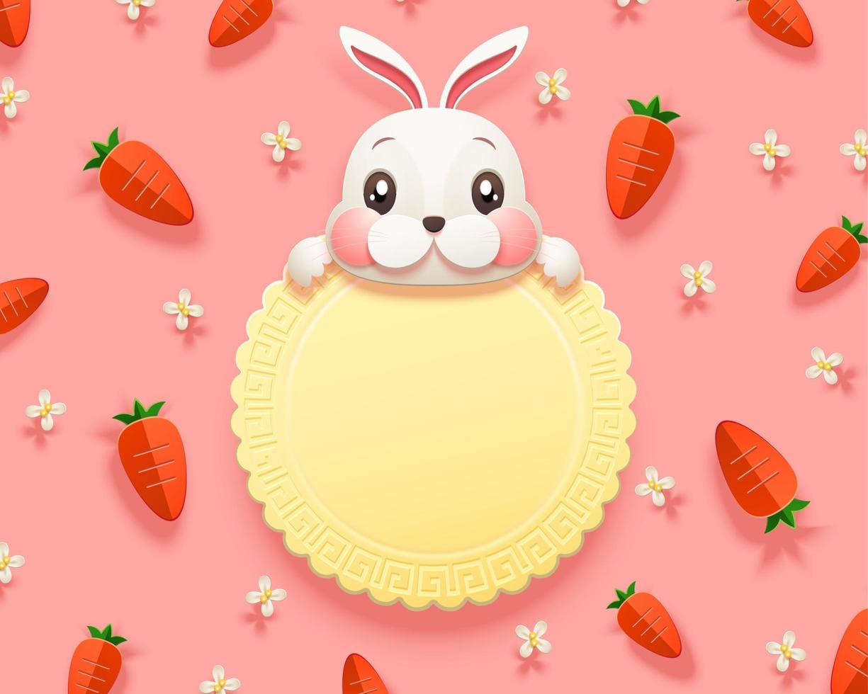 Lovely paper art rabbit and carrot elements on pink background vector