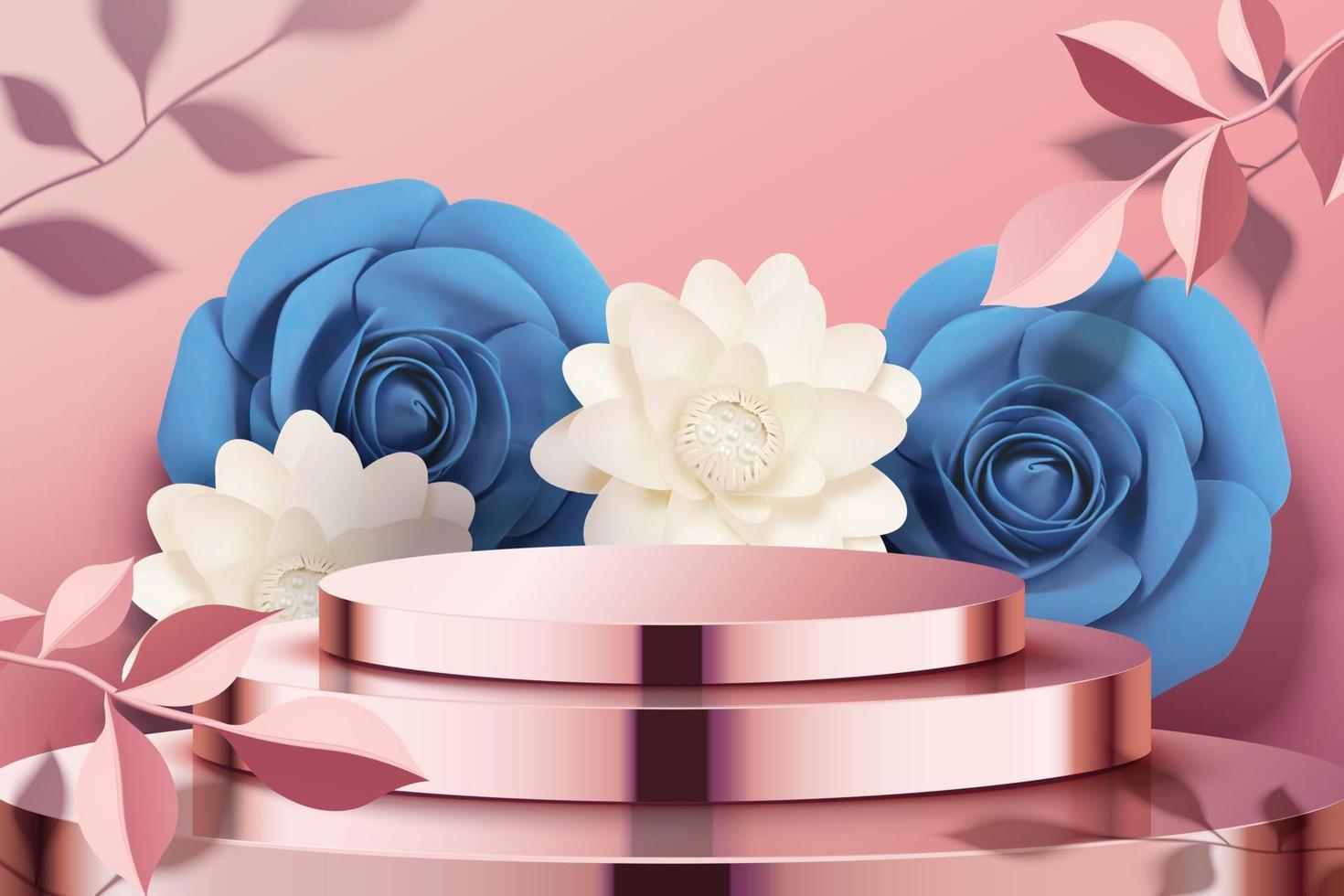 Paper flowers and metal podium in 3d illustration vector