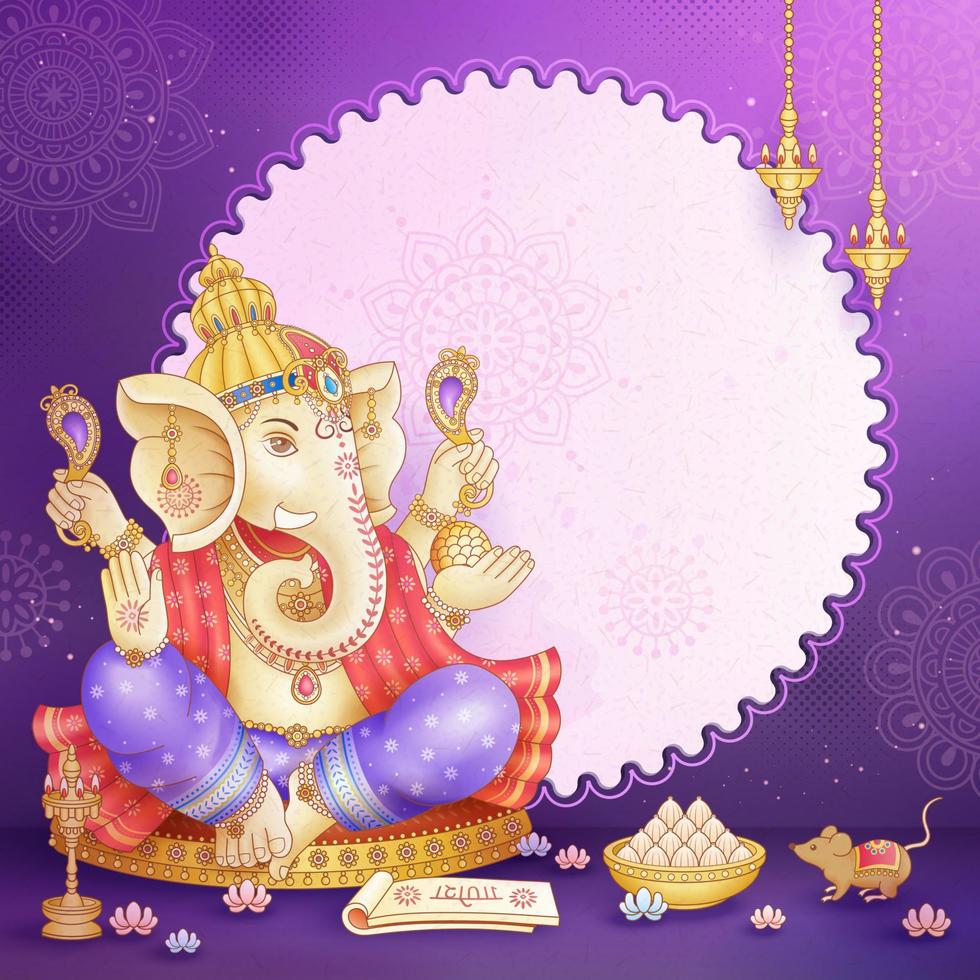 feliz diseño de ganesh chaturthi con dios ganesha sosteniendo un implemento ritual sobre fondo púrpura vector