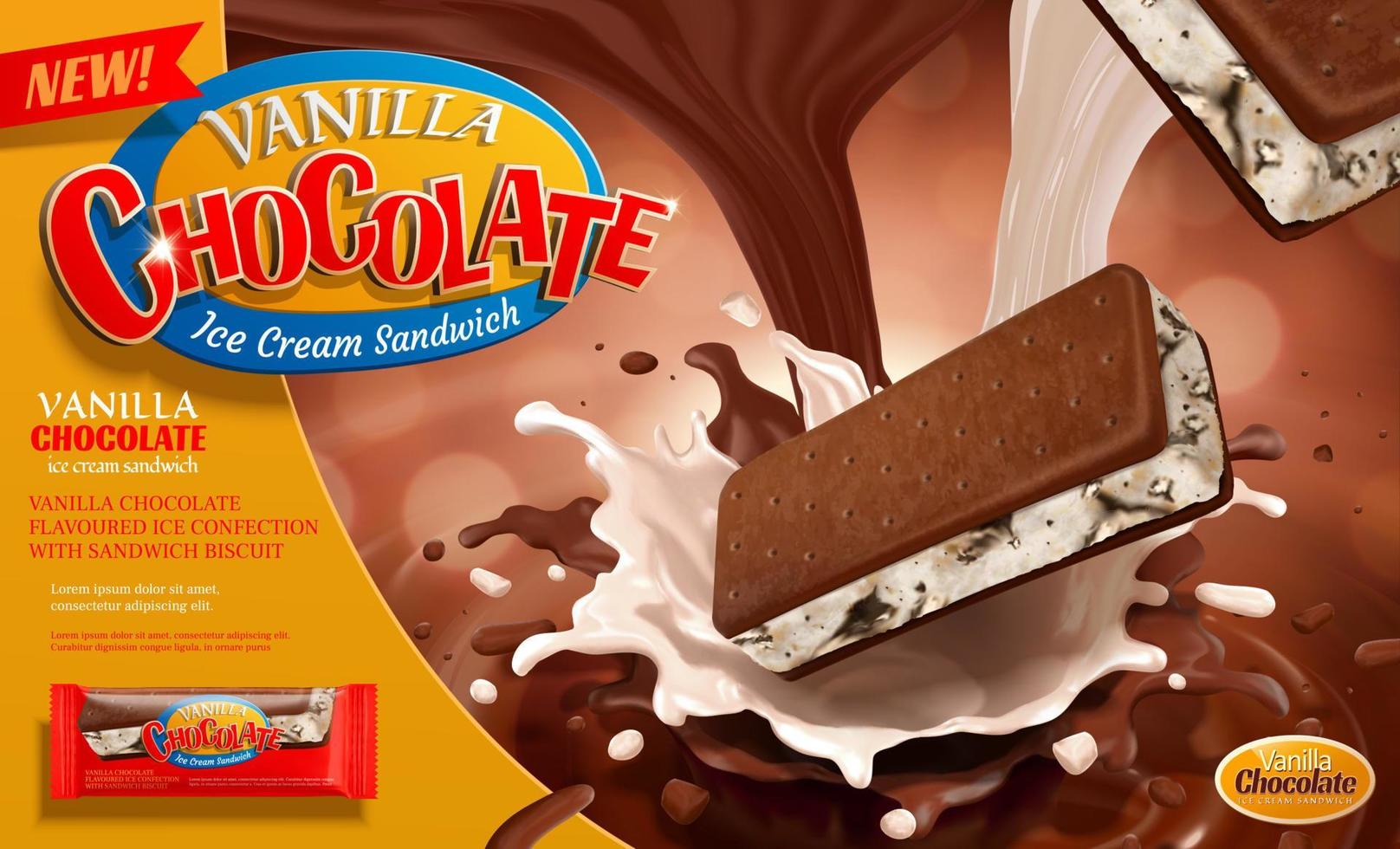 Vanilla chocolate ice cream ads with splashing sauce on bokeh background in 3d illustration vector
