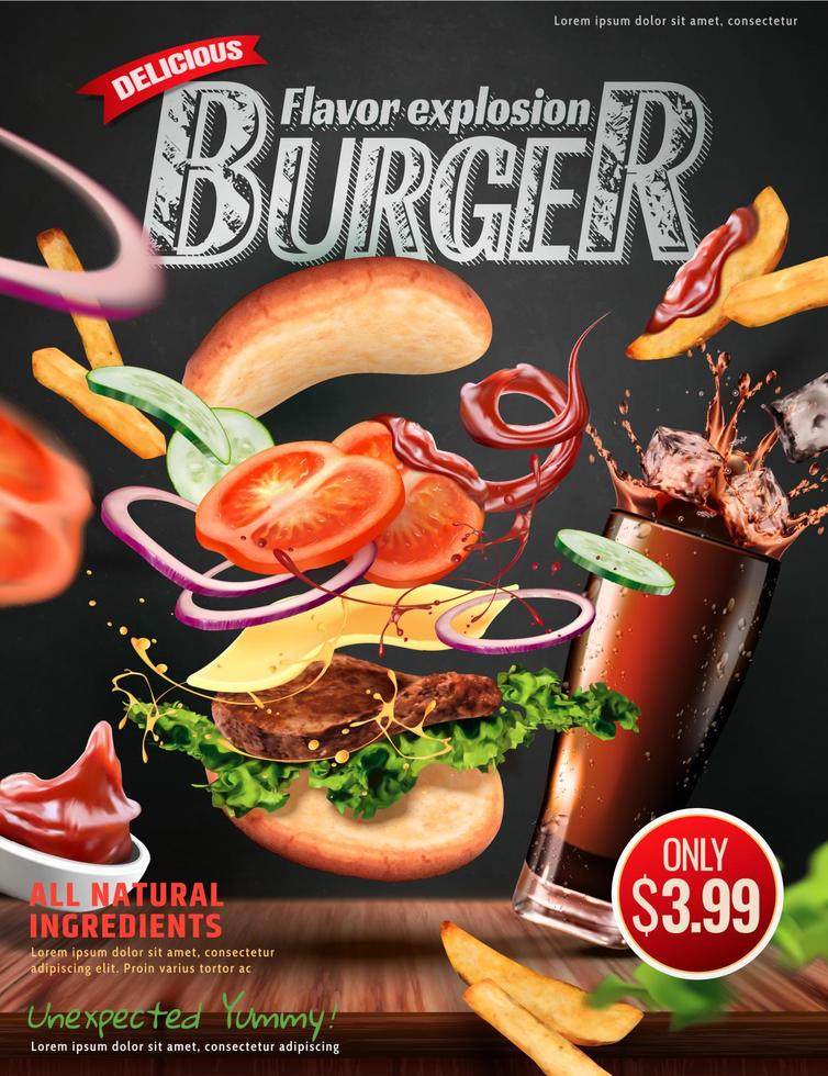 Delicious hamburger ads with ingredients flying in the air on chalkboard background in 3d illustration vector