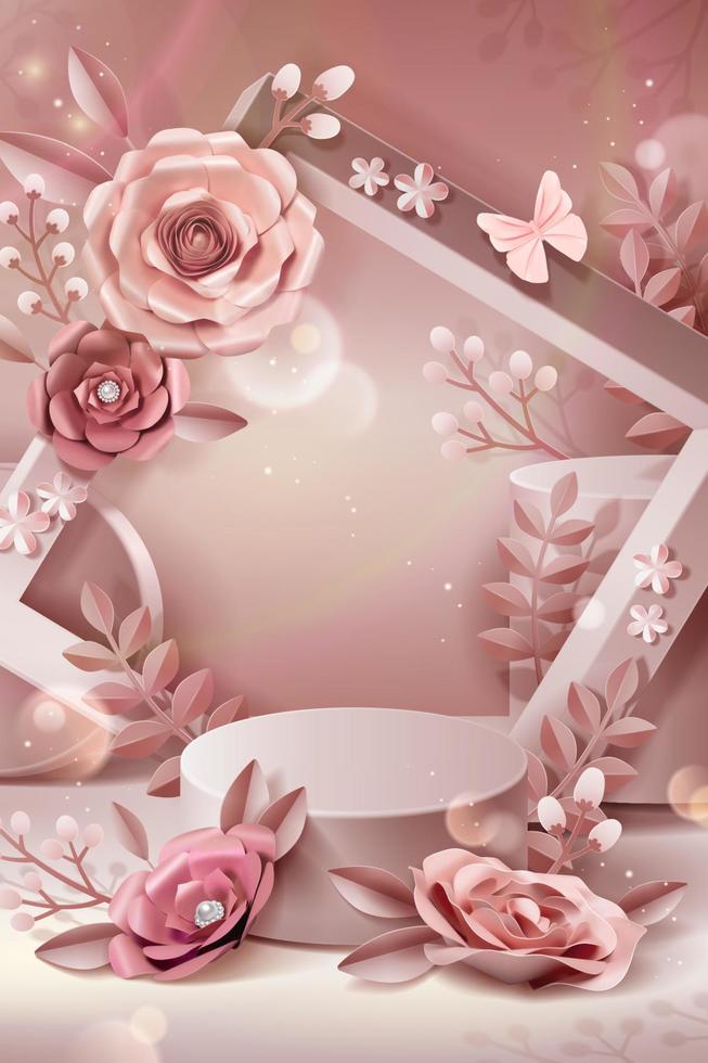 Podium with paper flowers and frame background in 3d illustration vector