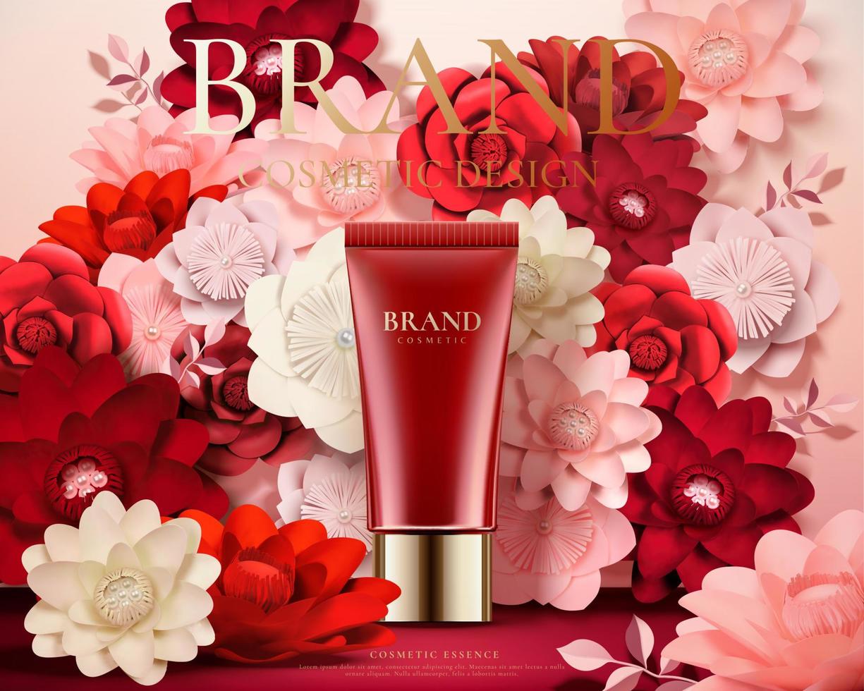 Plastic tube product ads with beautiful paper flowers decoration in 3d illustration, pink and red tone vector