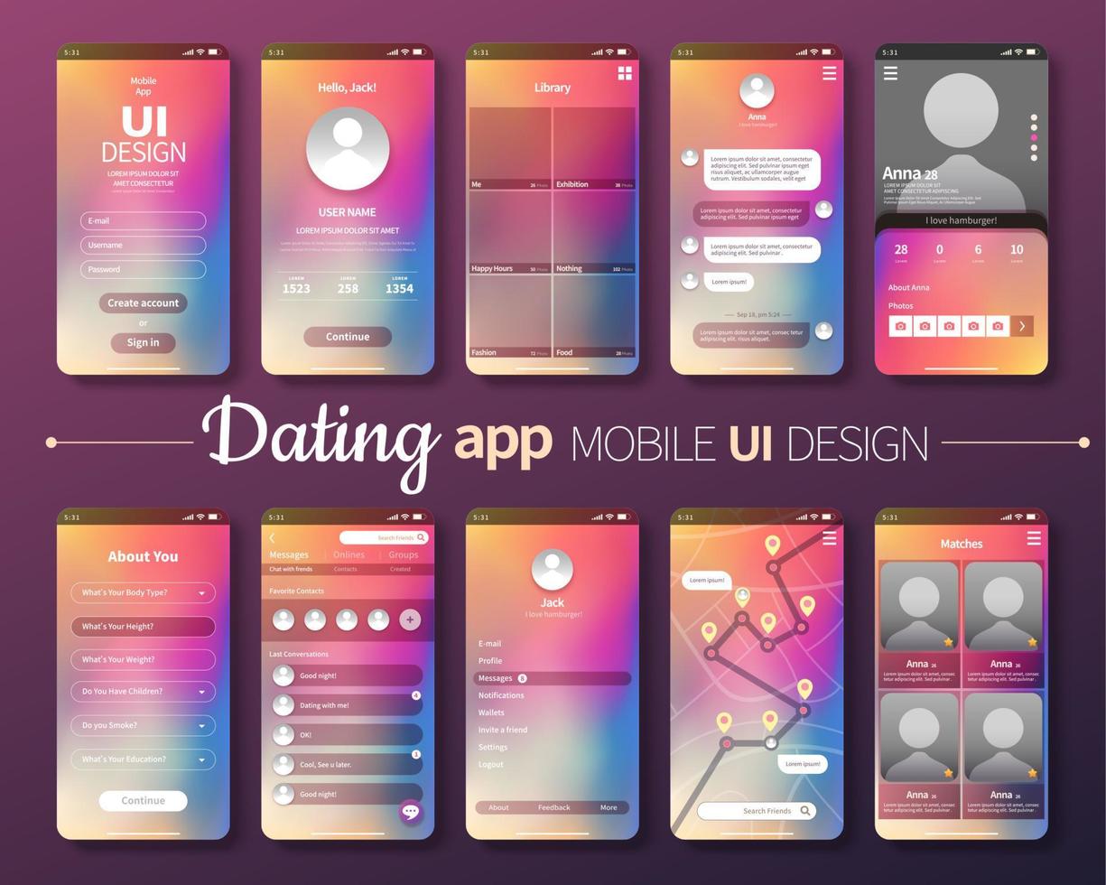 Dating app mobile UI design with laser gradient background vector