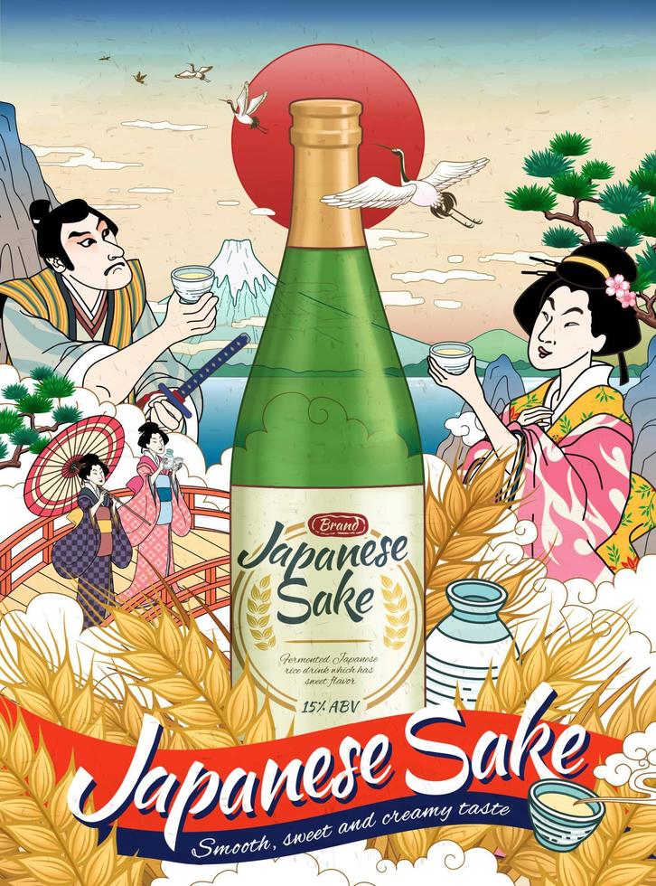 Ukiyo e style Japanese sake ads with people drinking rice wine vector