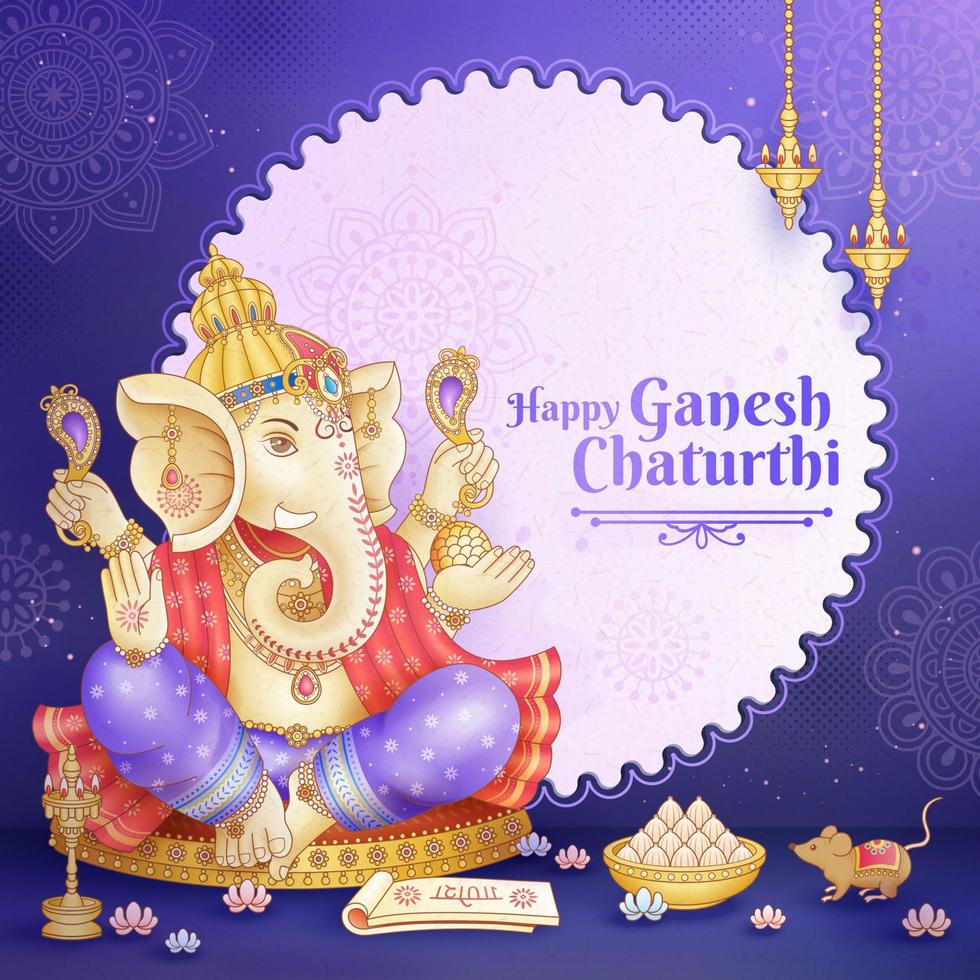 Happy Ganesh Chaturthi design with god Ganesha holding ritual implement on purple background vector