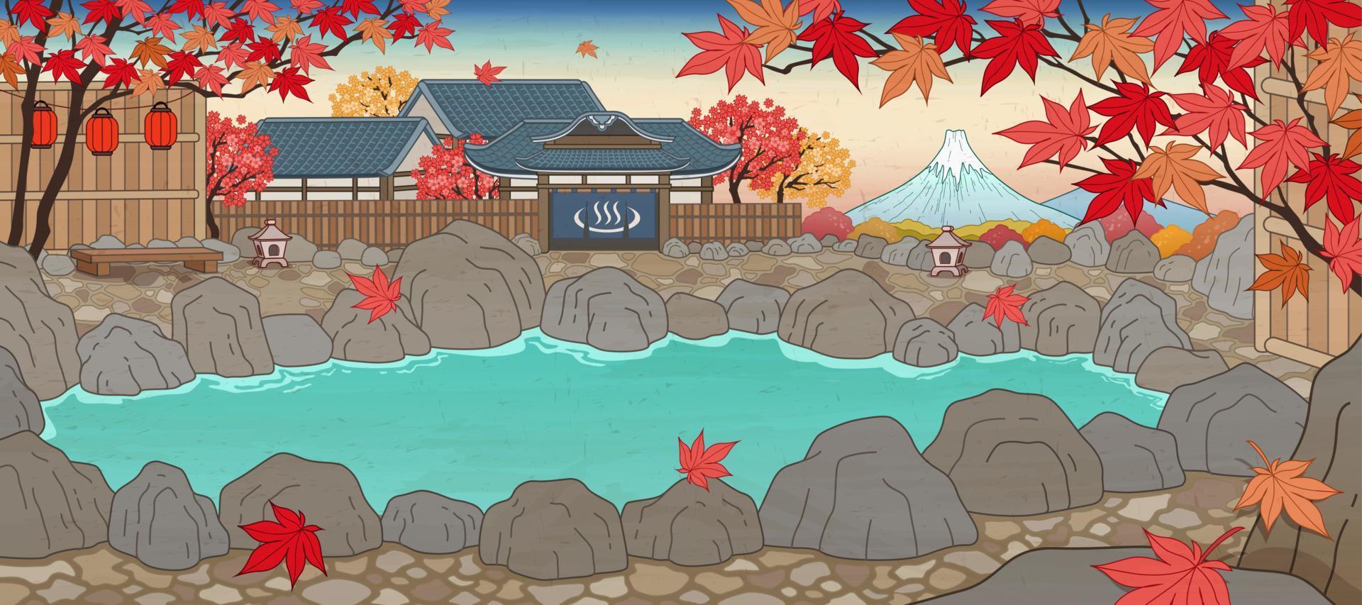 Japanese ukiyo-e style hot spring surrounded by maple leaves vector