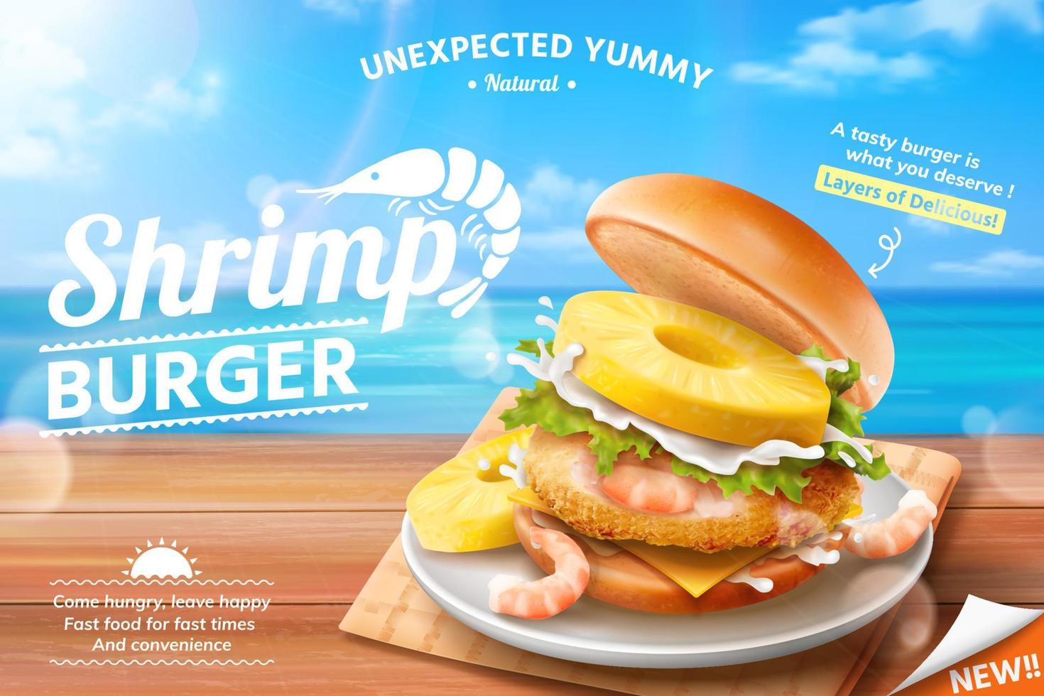 Shrimp burger ads on summer ocean background in 3d illustration vector