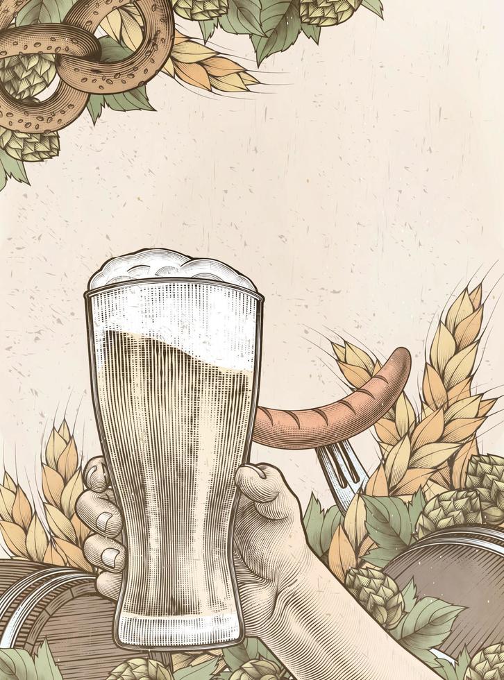 xilografía estilo retro mano sujetando cerveza artesanal con salchichas y pretzels vector