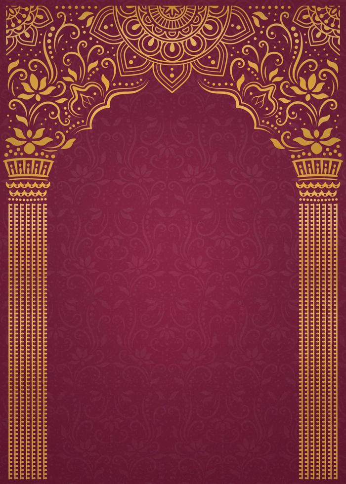 elegante arco dorado y pilar sobre fondo rojo burdeos vector