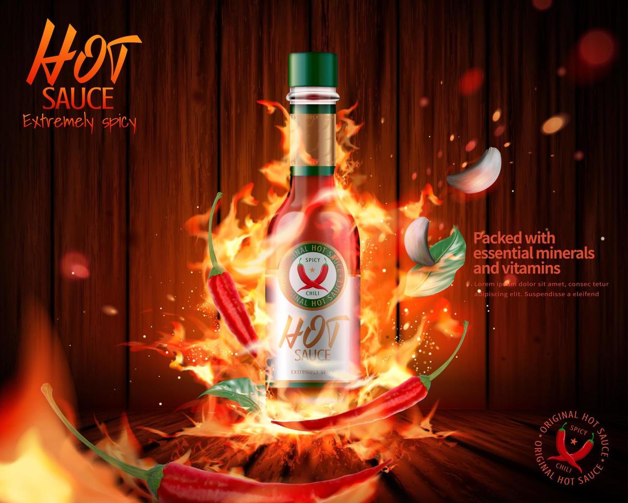 Hot sauce product ads with burning fire effect on wooded plank background, 3d illustration vector