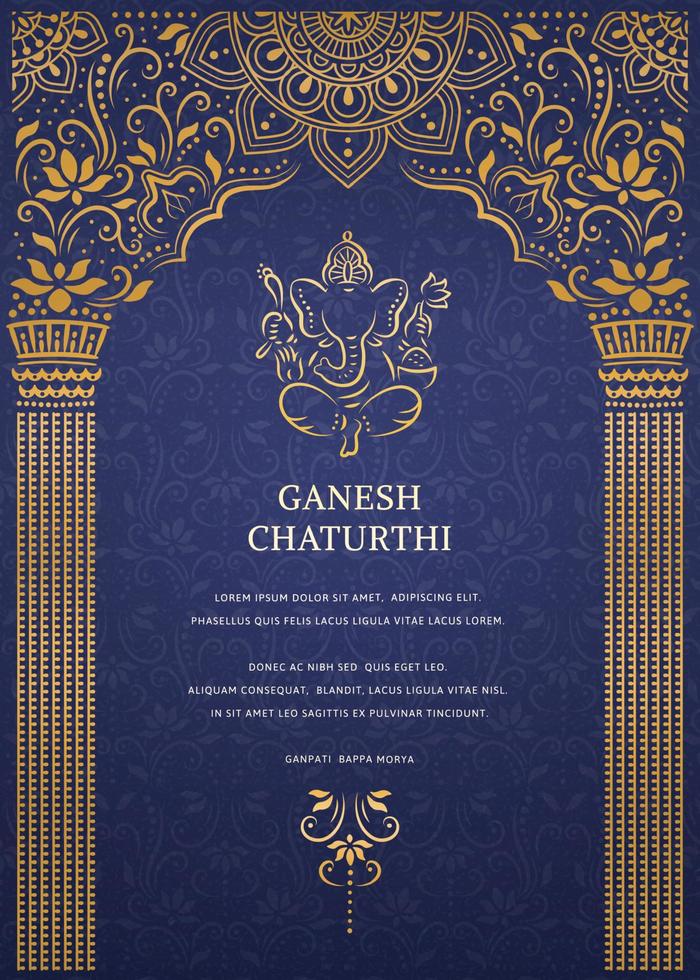 Happy Ganesh chaturthi design with golden line Ganesha and elegant pillar arch on blue background vector