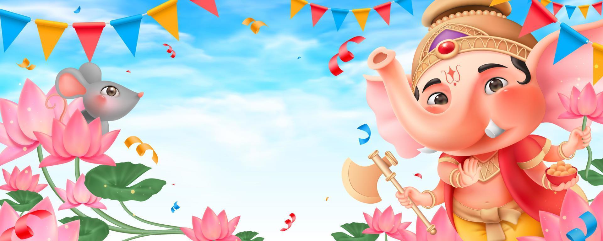 Happy Ganesh chaturthi with lovely Ganesha and mushika, lotus garden background vector