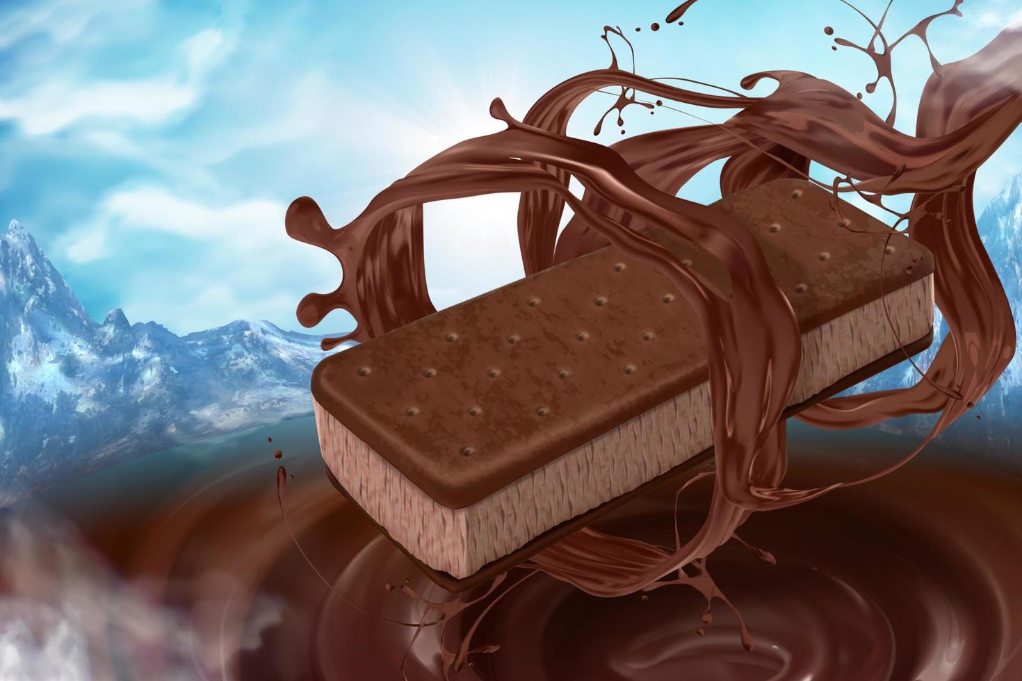 Ice cream sandwich cookie with pouring chocolate sauce on nature mountain background in 3d illustration vector