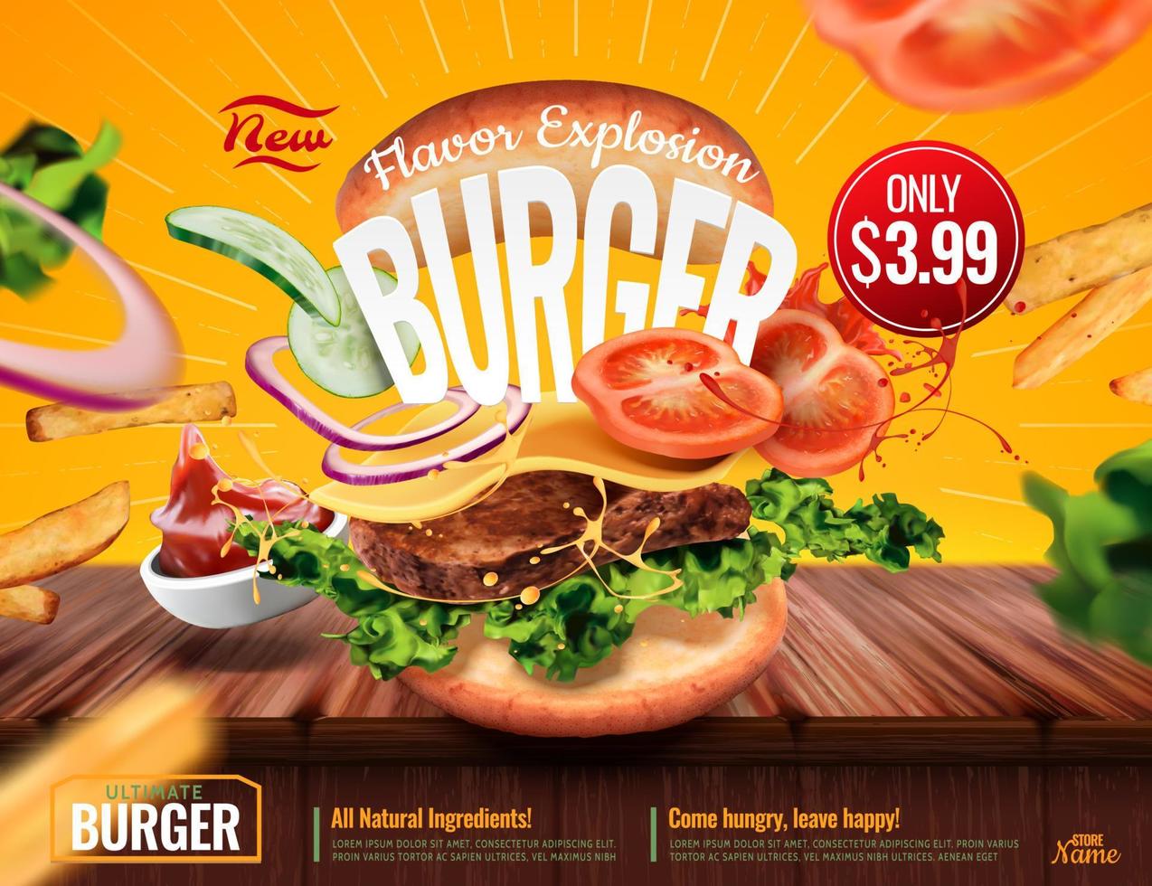 Delicious hamburger ads with ingredients flying in the air on yellow background in 3d illustration vector