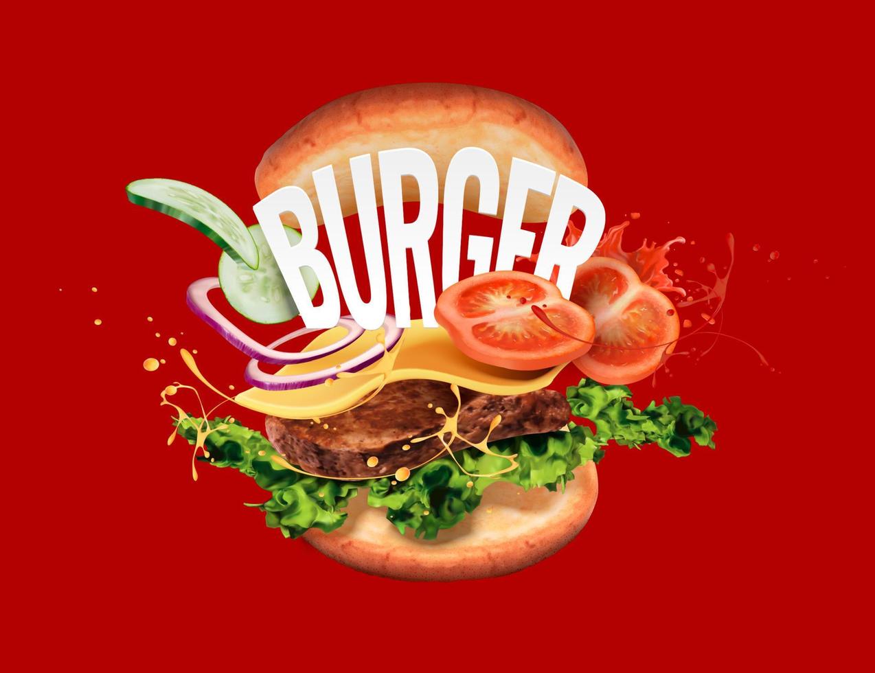 Delicious hamburger with ingredients flying in the air on red background in 3d illustration vector