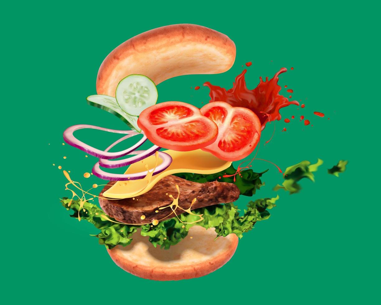 deliciosa hamburguesa con ingredientes que vuelan en el aire sobre fondo verde en ilustración 3d vector