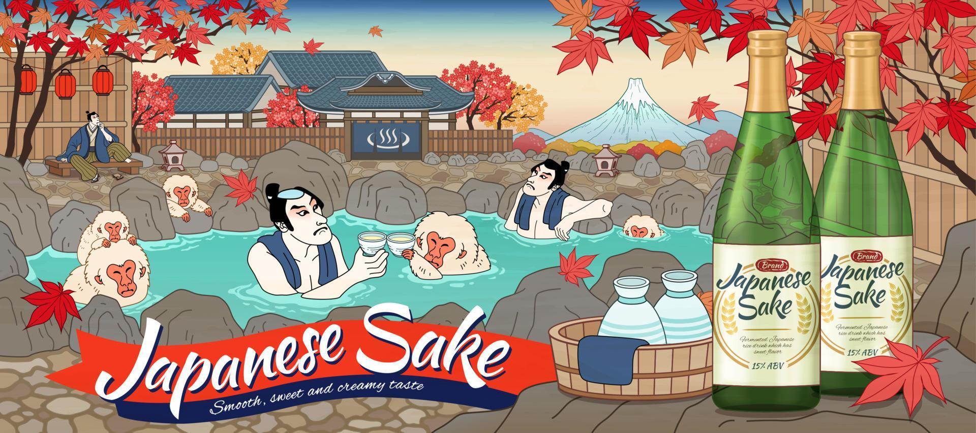 Anuncios de sake japonés al estilo ukiyo-e con hombres y monos lindos disfrutando de aguas termales al aire libre, hermosos paisajes de arce vector