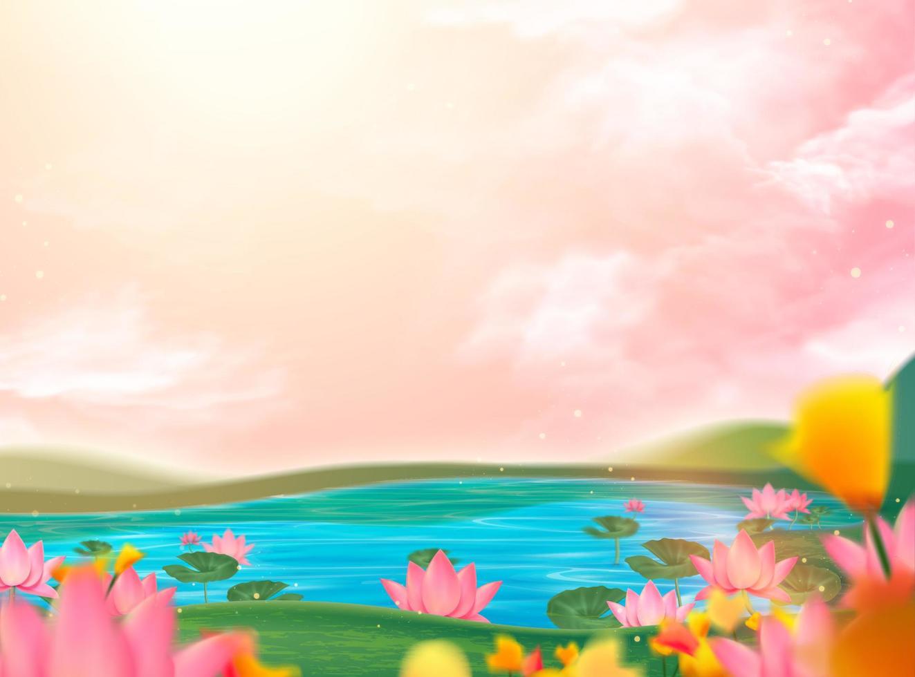 Beautiful lotus pond scenery with pink sky vector