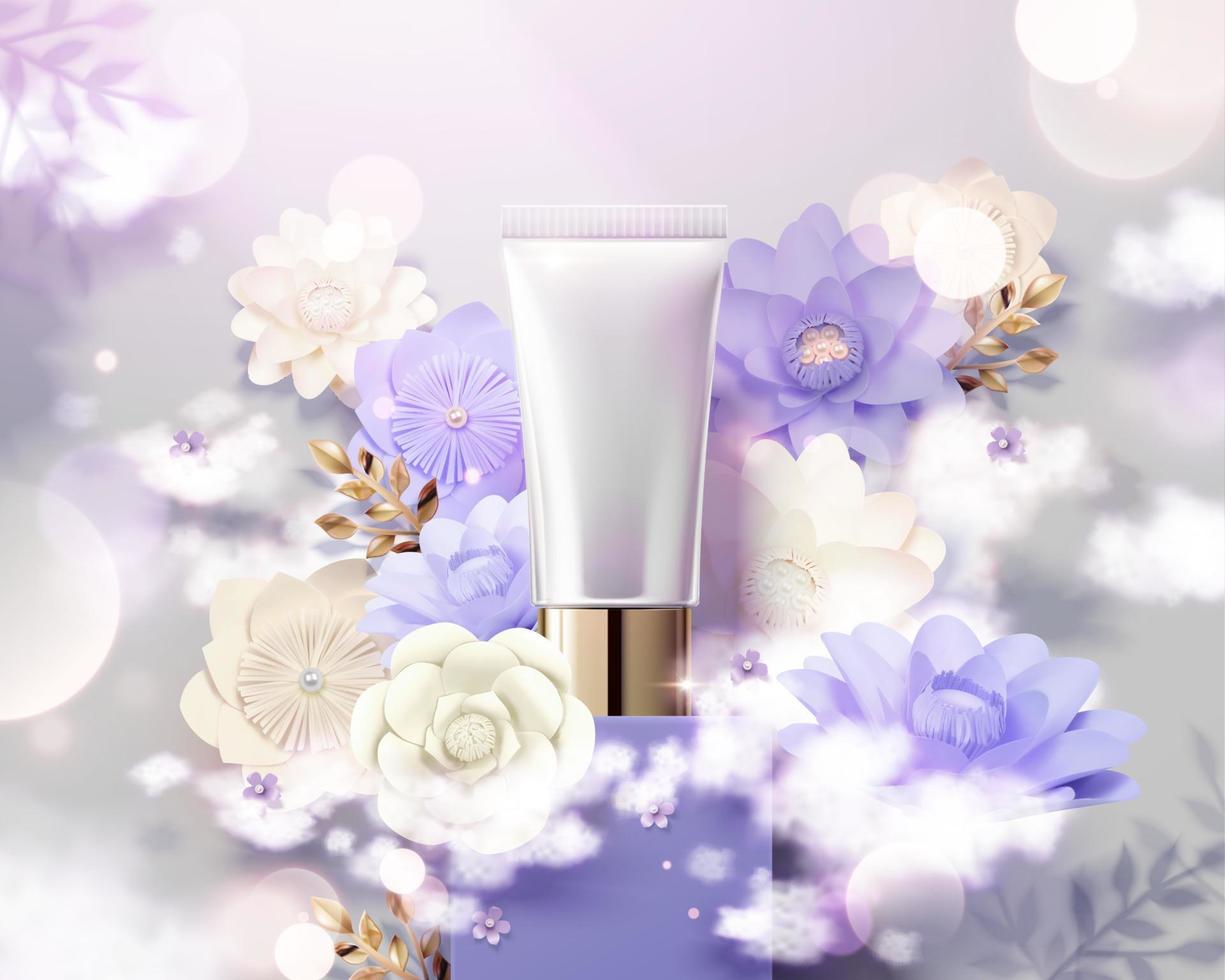Plastic tube product ads with light purple paper flowers decoration and glitter effect in 3d illustration vector