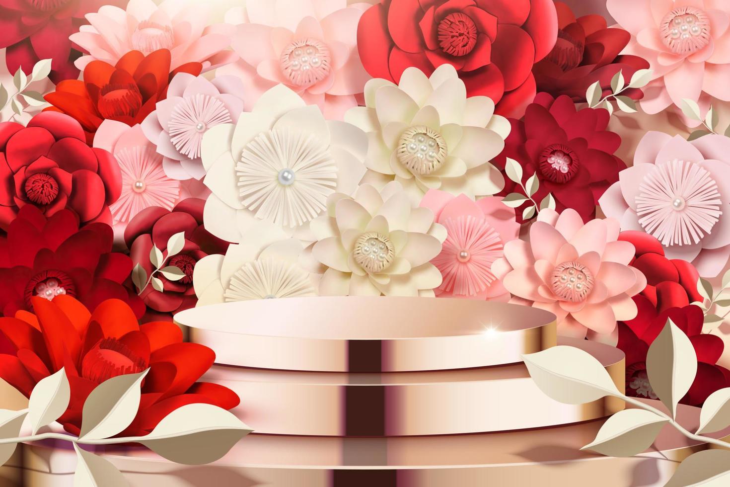 Beautiful paper flowers decoration and podium, pink and red tone in 3d illustration vector