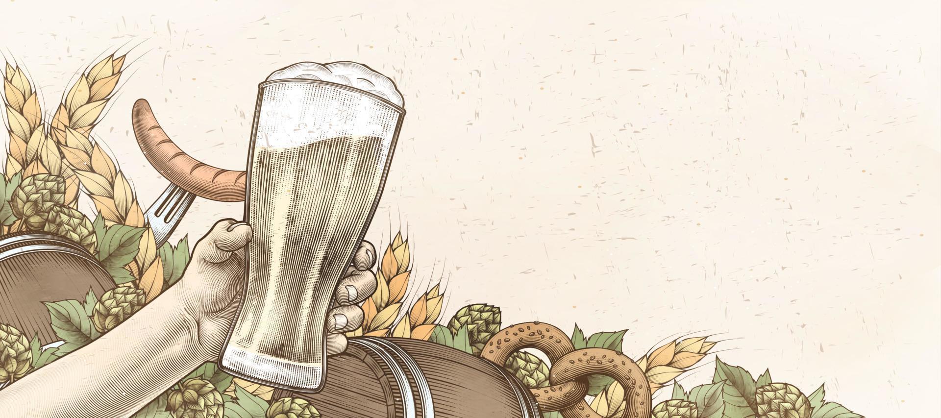 estilo retro xilografía mano sujetando cerveza artesanal con trigo y pretzels vector