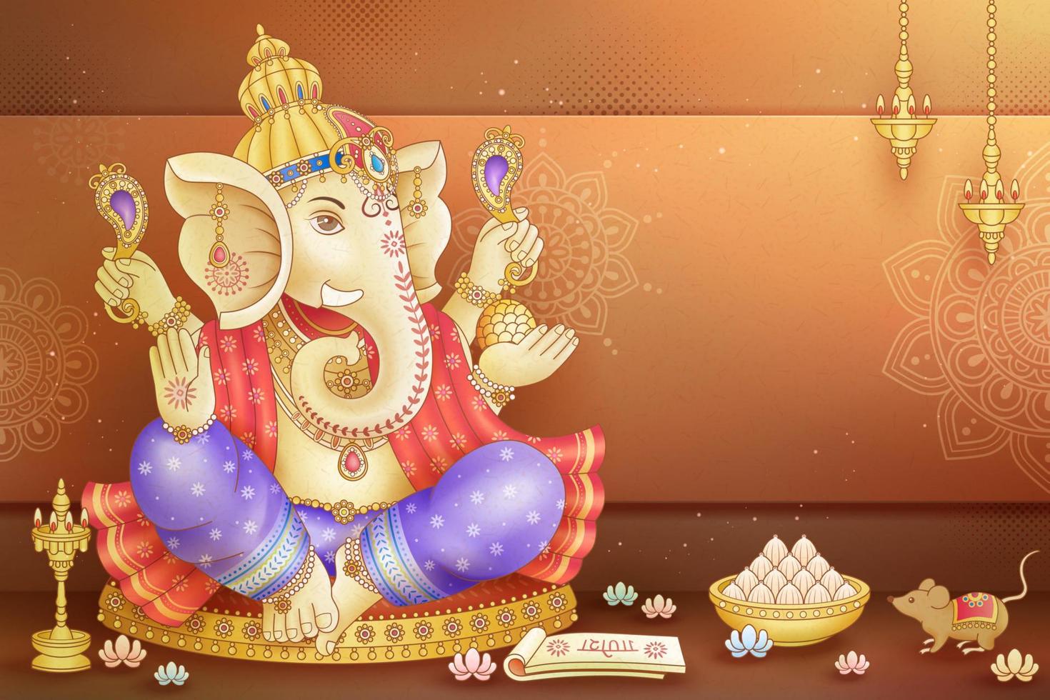Happy Ganesh Chaturthi design with god Ganesha holding ritual implement on brown background vector