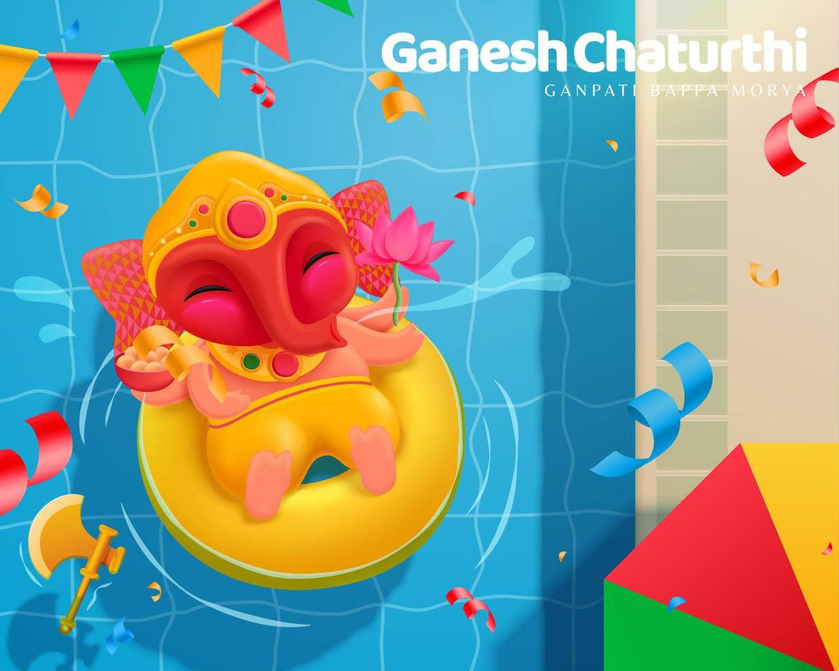 feliz ganesh chaturthi con adorable bebé ganesha flotando sobre la piscina, vista superior vector