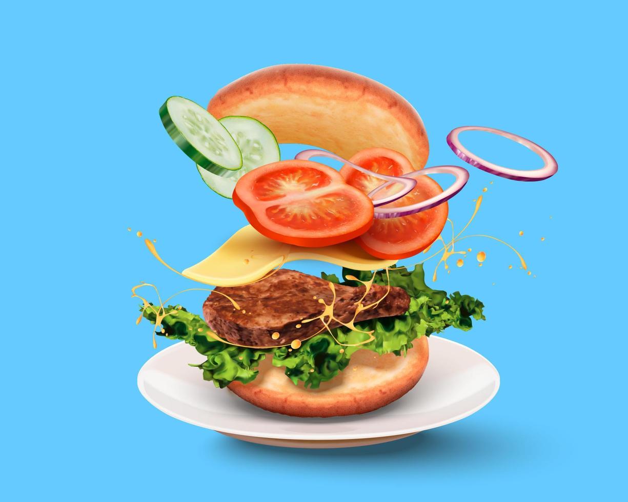 deliciosa hamburguesa con ingredientes amarillos volando en el aire sobre fondo azul en ilustración 3d vector