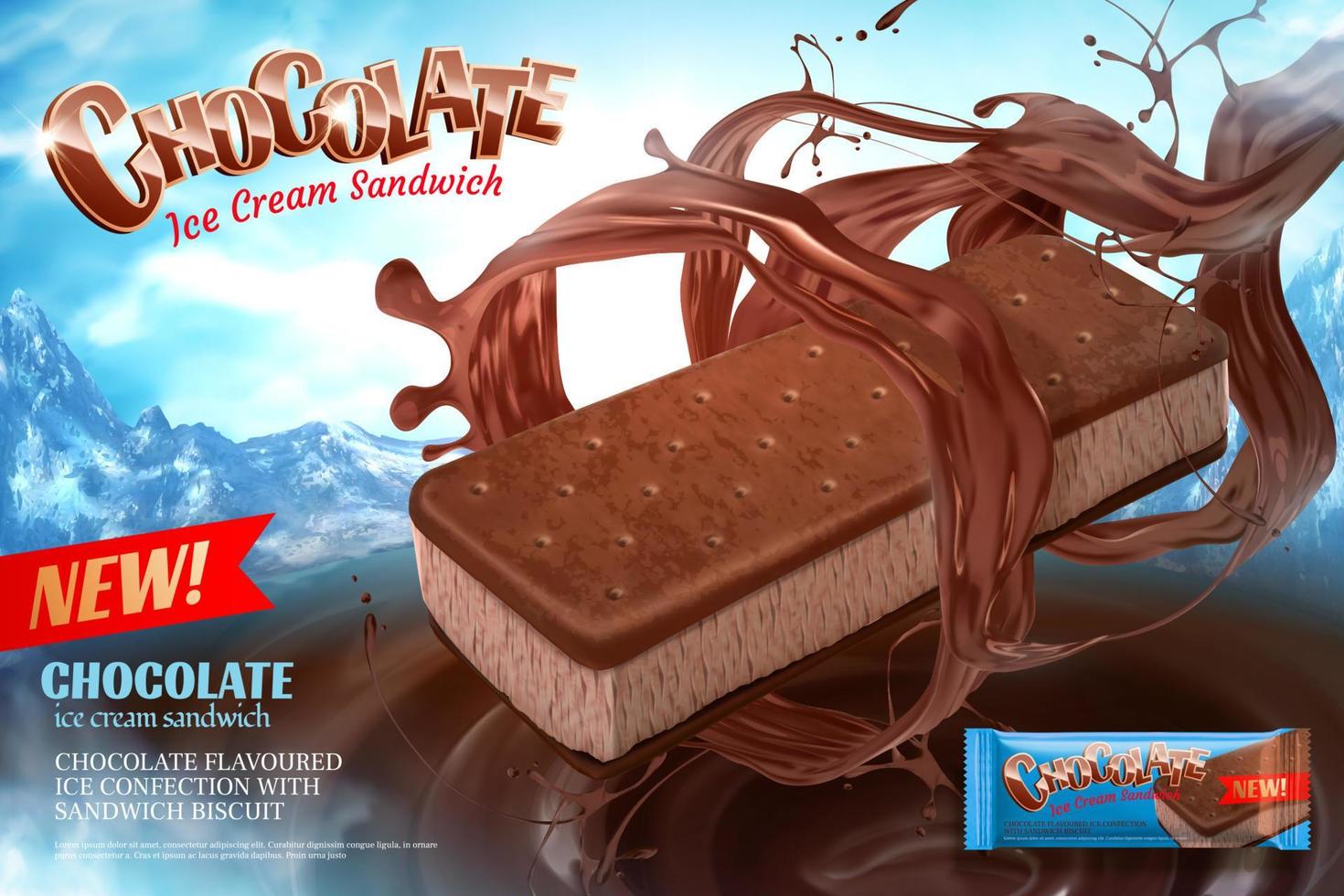 anuncios de helado de chocolate con salsa giratoria en el fondo de la montaña en la ilustración 3d vector