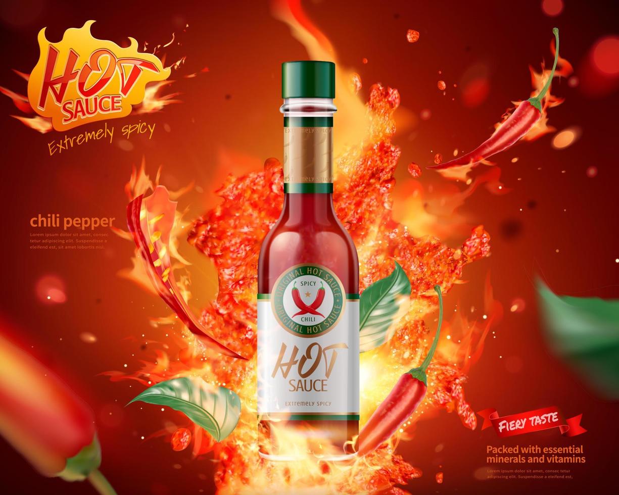 Hot sauce product ads with burning fire effect on red background, 3d illustration vector