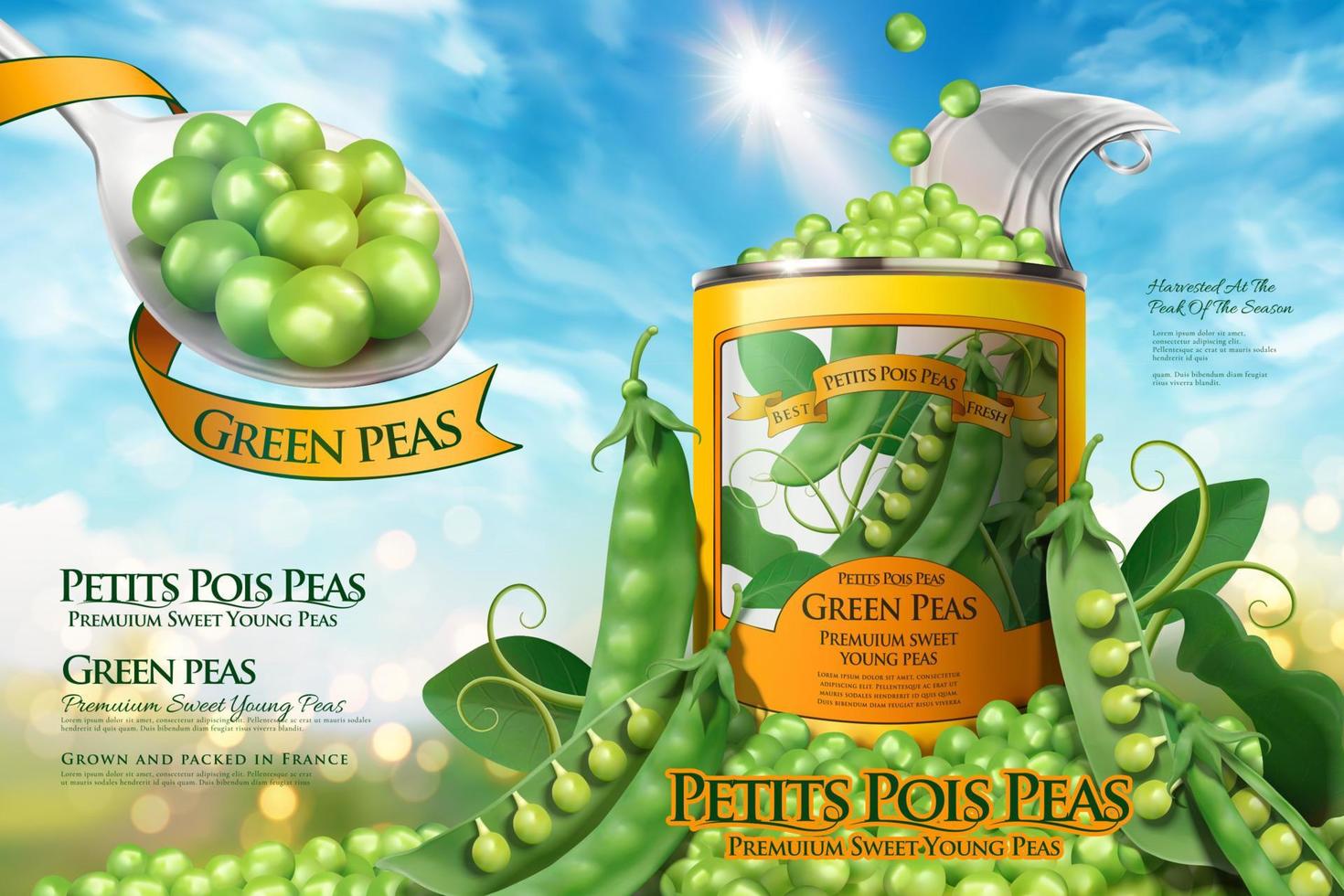 Canned young pea ads poster with spoonful of fresh peas in 3d illustration, blue sky background vector