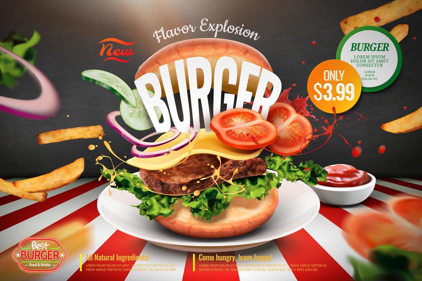 Delicious hamburger ads with ingredients flying in the air on chalkboard background in 3d illustration vector